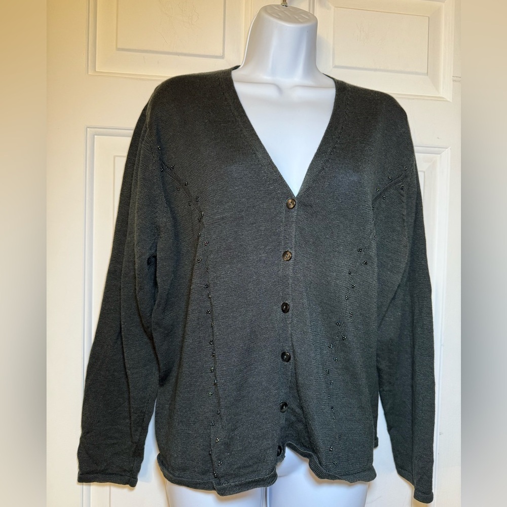 Maggie McNaughton Green Beaded V Neck Cardigan Sweater Sz 1X Plus Holiday